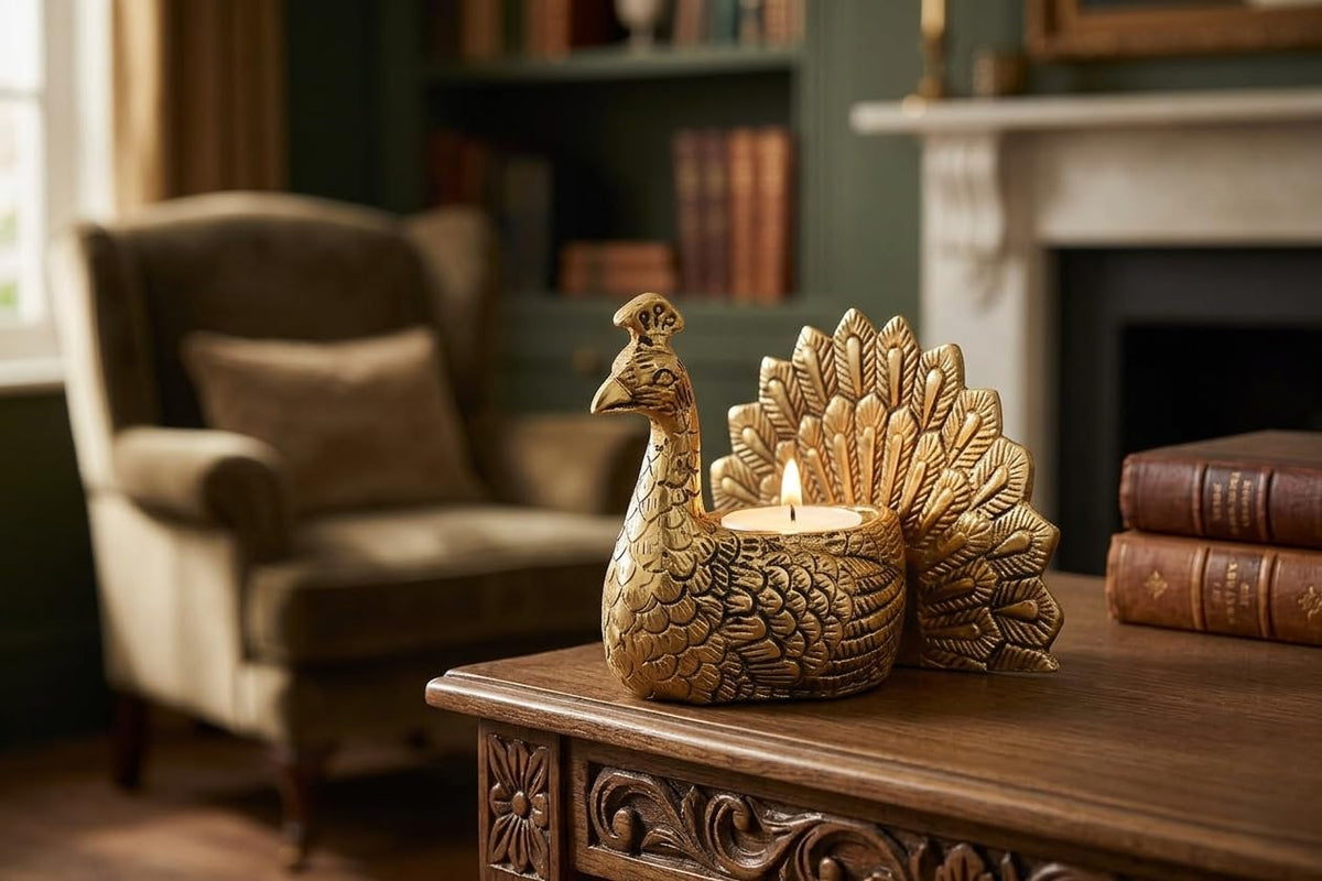 KridayKraft Designed with a Versatile Central Cavity, This Peacock Serves as a Stunning tealight Candle Holder, a mini Indoor Planter, a Unique Pen Stand,(Peacock Small Golden)