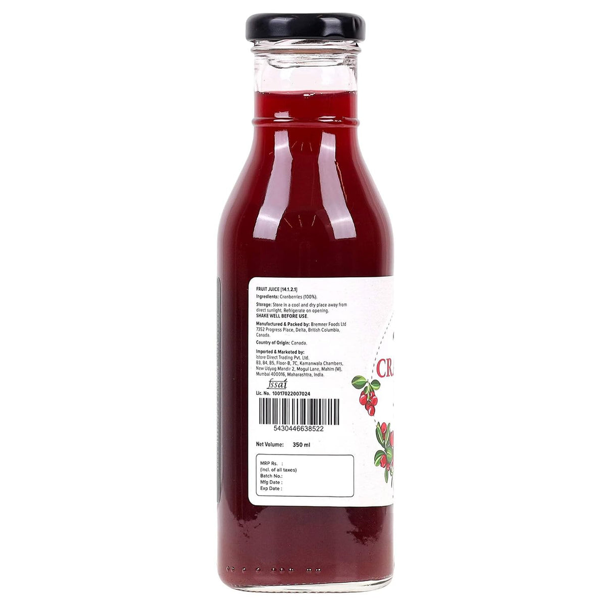 Urban Platter 100% Canadian Cranberry Juice, 350ml (Glass Bottle, No Added Sugar & Preservative-Free, Antioxidant-Rich, Supports UTI Health, Ideal for Cocktails & Mocktails)