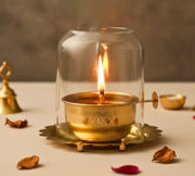 DSH Brass Akhand Diya with Adjustable Bati for Puja Decorative Brass & Glass Oil Lamp with Screw Lever Lantern Diya with Glass Cover for Prayers Home Decor and Diwali Festive Gifts. (Small)