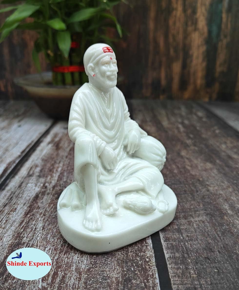 SHINDE EXPORTS shirdi saibaba Idol Marble/saibaba Idol for car Dashboard 11 cm (White Lacquered dwarkamai)