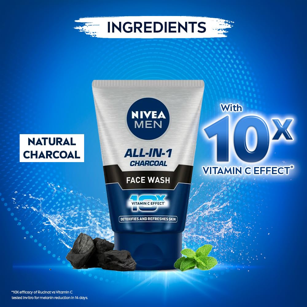 NIVEA MEN All in 1 Charcoal Face Wash | Natural Charcoal, Gluta, AHA & Vitamin C | Helps Reduce the Appearance of Tan | Removes Excess Oil and Minimizes Pores | For Bright Radiant Skin | 100g