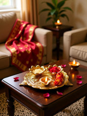 KridayKraft Metal Pooja Thali with Diya for Pooja Home/Temple/Mandir,Decorative Showpiece Pooja Thali Set for Diwali Poojan Wedding Gift Article