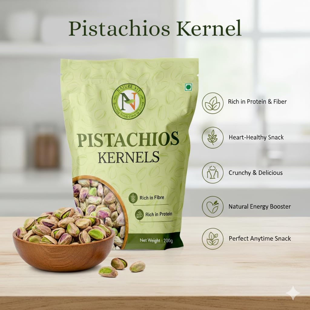 NatureVit Pistachios Kernels without Shell, 200g | Premium Jumbo Size Mota Pista Kernels | High Protein & Fiber Snack | Crunchy & Fresh