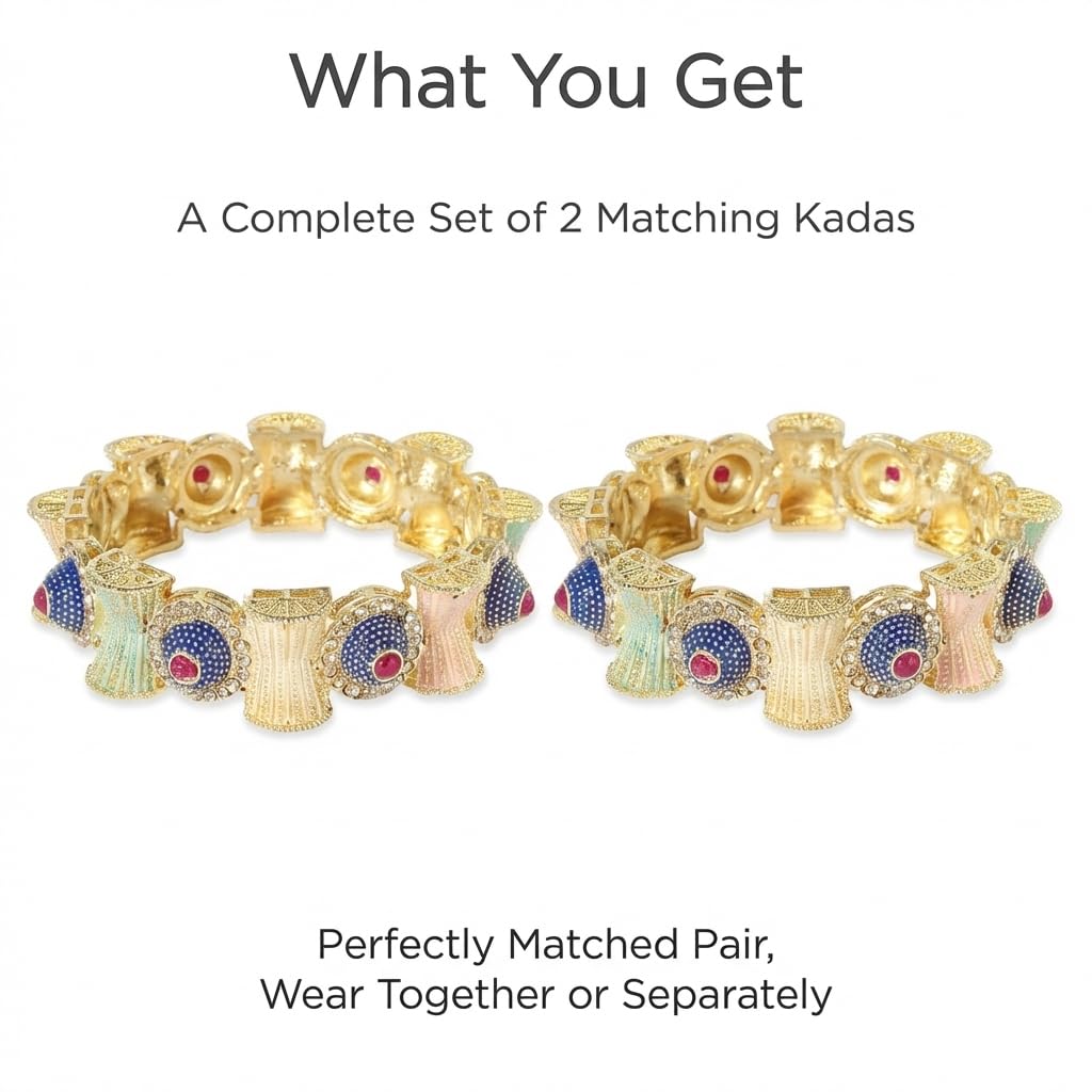 NMII Gold Metal Bangles Rajwadi Style Kangan Set For Women & Girls with Zircon Diamond | Traditional Girl's Bangles Bracelet | Latest Kada For Women Trendy | Wedding, Party, Festive, Daily- Set of 2