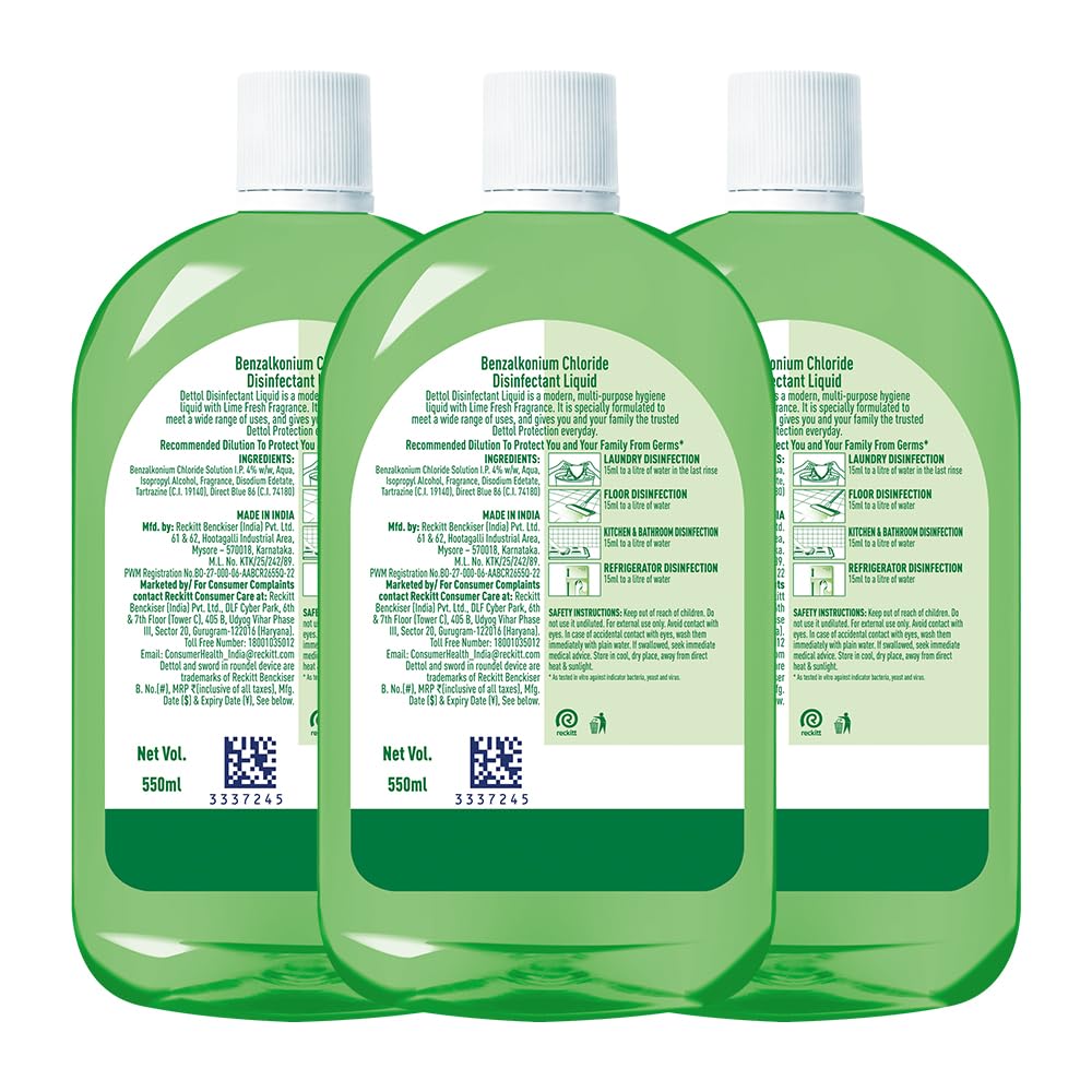 Dettol Multi-Purpose Disinfectant Liquid for Floor & Surface Cleaning, Lime Fresh Fragrance, 550ml (Pack of 3)