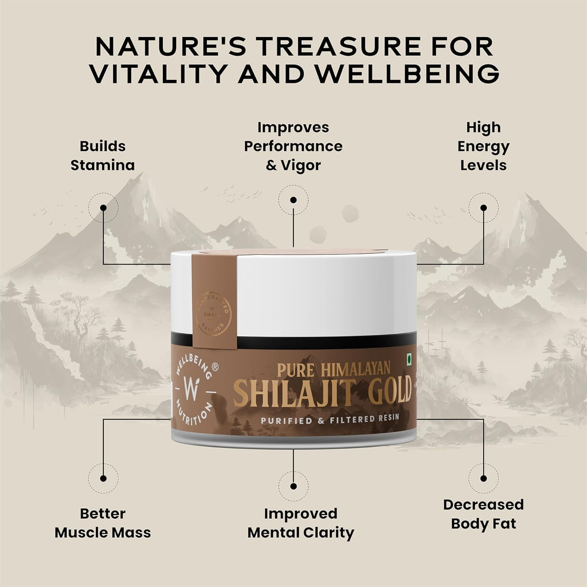 Wellbeing Nutrition Himalayan Shilajit Original Resin 10g for Men & Women | Contains 24K Gold Leaf, Ashwagandha & Safed Museli | 85 Trace Minerals, 100% Ayurvedic | For Energy, Stamina & Performance