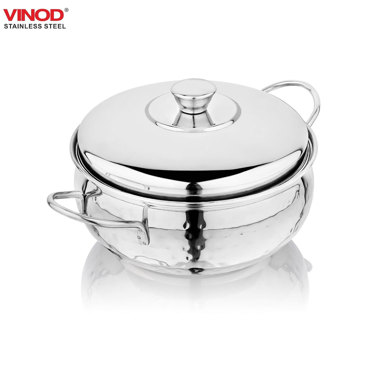 Vinod Stainless Steel Milano Hammered Serving Casserole with Steel Lid & Side Handle 1630 ml, 18 cm