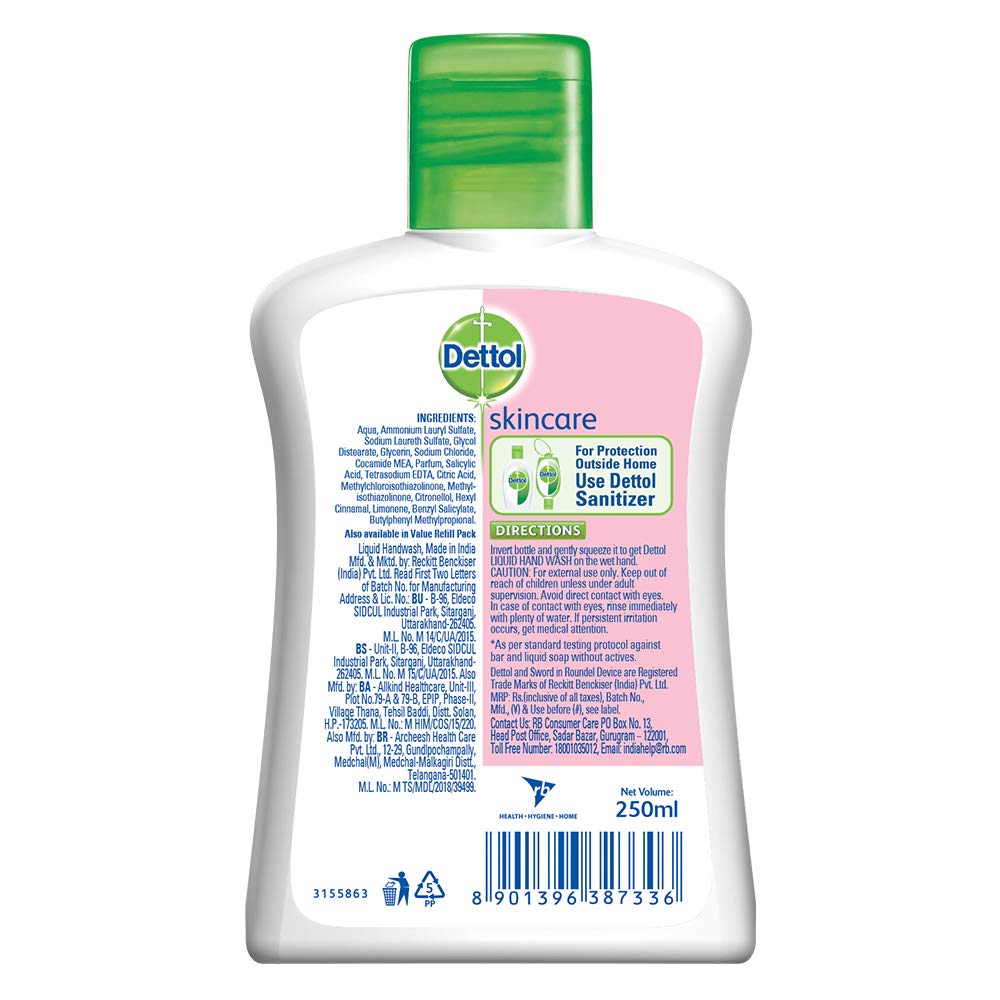 Dettol Skincare Germ Protection Handwash Liquid Soap Flip Top, 250ml