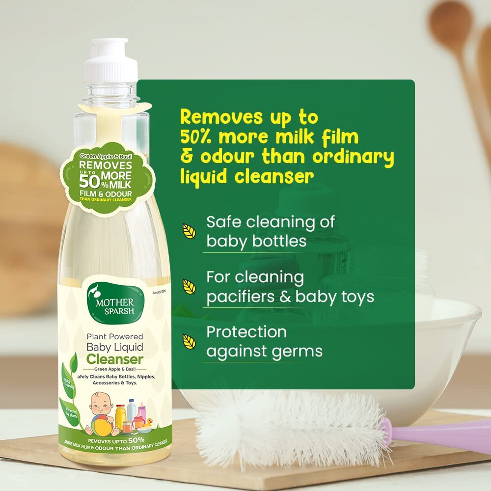 Mother Sparsh Plant Powered Natural Baby Liquid Cleanser with Basil & Green Apple Extract- 500ml & Mother Sparsh Natural Baby Liquid Cleanser 175ml