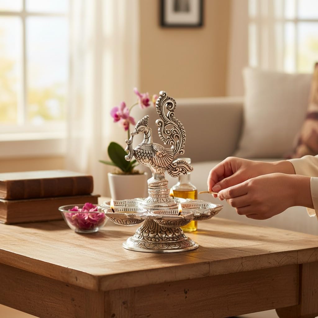 KridayKraft Traditional Silver-Plated Peacock Pooja Thali, 5-Compartment Diya Stand with Ornate Design
