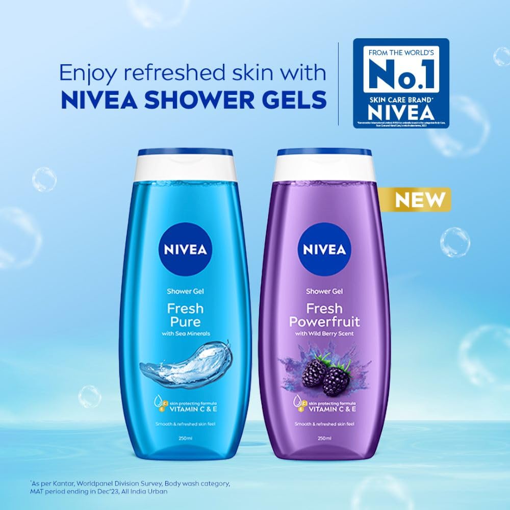 NIVEA Fresh Pure Refreshing Body Wash with Sea Minerals for Fresh, Clean Skin, Pure Glycerin, Vitamins C & E and Care Oil for Lasting Moisture, Shower Gel for Soft & Healthy & Moisturized Skin, 125 ml