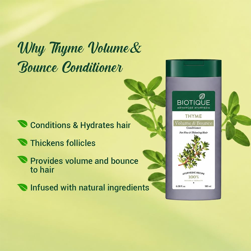 Biotique Thyme Volume Conditioner For Fine And Thinning Hair | Gives Volume And Bounce To Hair | Helps In Thicken Follicles |Suitable For All Skin Types | 180Ml, Peppermint, 180 Millilitre