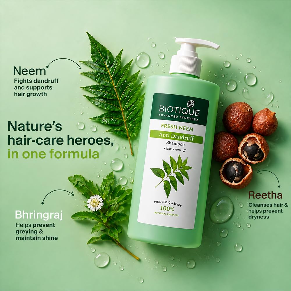 Biotique Fresh Neem Anti Dandruff Shampoo and Conditioner | Controls Dandruff | Eliminates Dryness, Flaking, and Itching | Hair Looks Fresh and Lustrous |Suitable for All Skin Types | 650ml