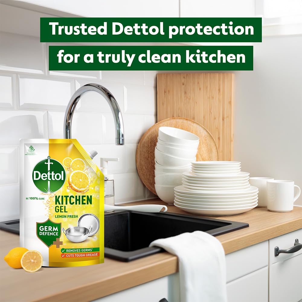 Dettol Dishwash liquid and Kitchen Gel | Cuts Tough Grease | Remove germs | Lemon Fragrance | 500ml (Refill Pack)