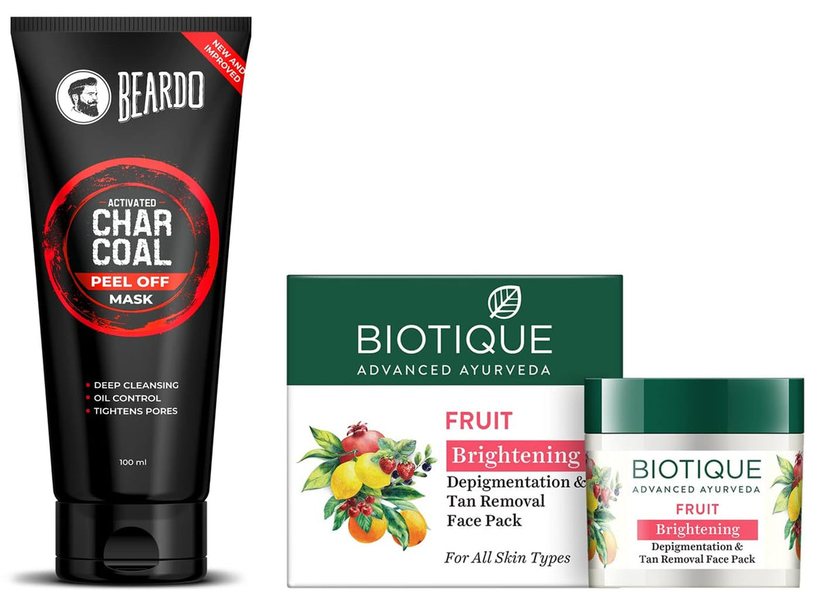 BEARDO Activated Charcoal Peel Off Mask, 100g (100gm) and Biotique Bio Fruit Whitening And Depigmentation & Tan Removal Face Pack, 75g