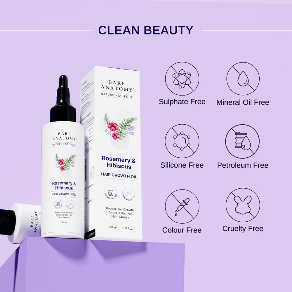 Bare Anatomy Nature x Science Rosemary Hibiscus Hair Growth Oil for Women & Men | Promotes New Hair Growth & Strengthens Hair | Nourishes Scalp & Controls Hair Fall | Suitable for All Hair Types-100ml