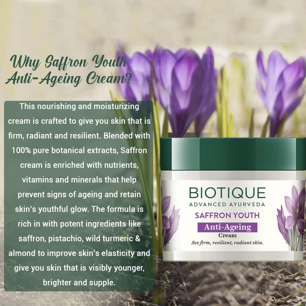 Biotique Bio Saffron Dew Youthful Moisturizer | Protects Skin Cells | Prevents Ageing and Retains Youthful Glow | 100% Botanical Extracts | Suitable for All Skin Types | 50g