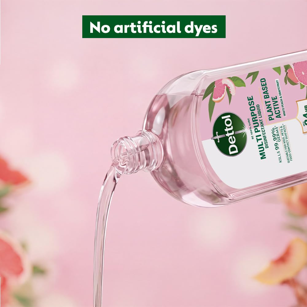 Dettol Plant-Based Disinfectant Liquid 550ml, White Peach & Grapefruit Fragrance – Kids Safe & Pet Friendly | Multi-Purpose Cleaner for Laundry & Floors | Kills 99.99% Germs