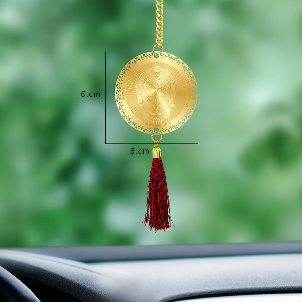 Diviniti 24K Gold Plated Lord Hanuman Ji and Yantra Sankatmochan Double Sided Car Dangler Hanging & New House Entrance Welcome Luxurious Decor for Car Divine Accessories for Positive Energy