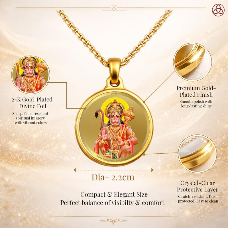 Diviniti 24K Gold Plated Ram Sita & Hanuman Ji Pendant For Men, Women & Kids 22 MM Double Sided Stylish Pendant Necklace For Girls Divine God Pendant For Birthday Gift, Anniversary Gift