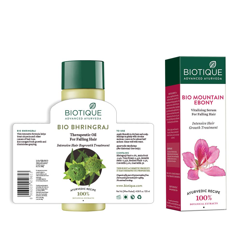 Biotique Bio Mountain Ebony Vitalizing Serum for Falling Hair Intensive Hair Growth Treatment, 120ml and Biotique Bio Bhringraj Fresh Growth Therapeutic Oil, 120ml (Pack of 2)