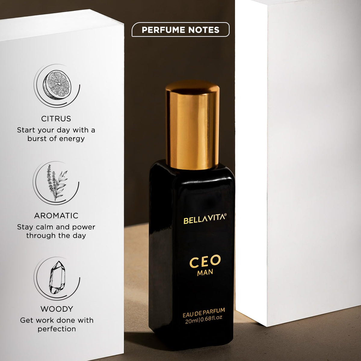 Bella Vita Luxury CEO Man Eau De Parfum Perfume with Lemon, Lavender, Tonka, Mandarin & Vetiver|Premium, Long Lasting Woody Fragrance for Men, 20 ML