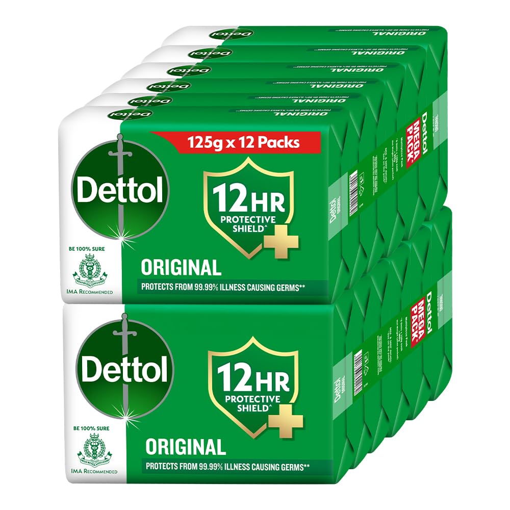 Dettol Original Bathing Soap Bar with 12hr Germ protection (1500gm) | Kills 99.99% Germs, 125g (Pack of 12)
