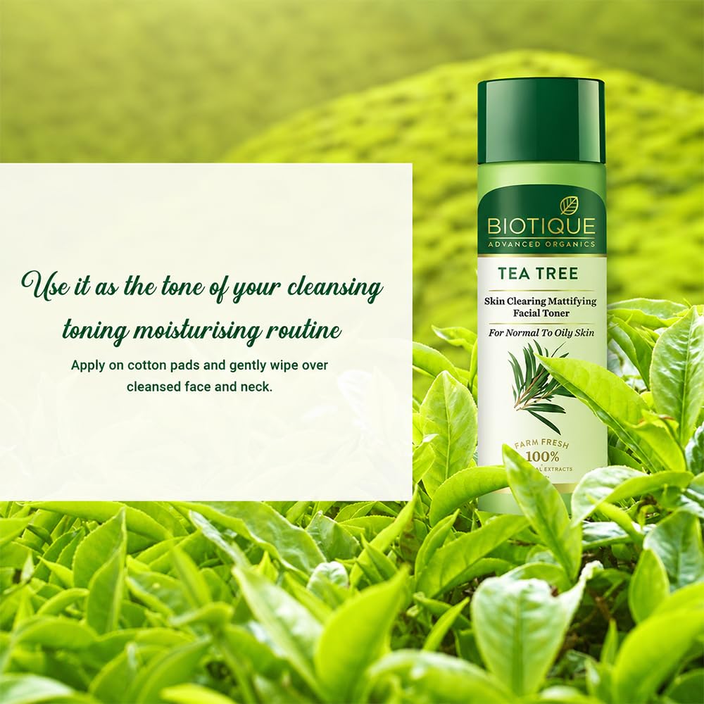 Biotique Tea Tree Skin Clearing Mattifying Facial Toner | Enriched with 100% Botanical Extracts & Tea Tree Oil | Refreshing, Alcohol-Free Formula | Ideal for Normal to Oily & Acne-Prone Skin | 120ml
