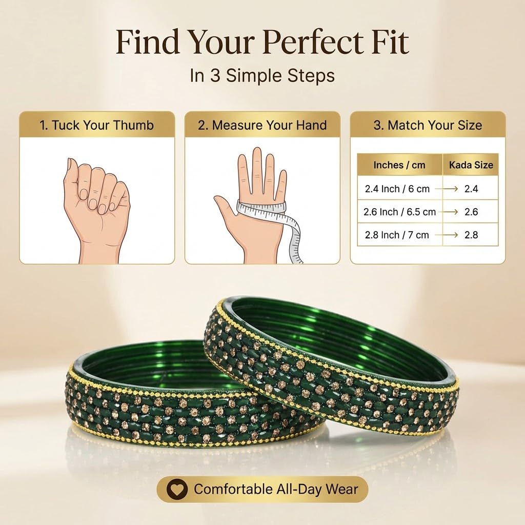 NMII Glass Golden Zircon GemStone & Beads Studded Thick Kada Set For Women & Girls | Chudi Set | Glass Bangles For Women | Fancy Kada For Women Party, Wedding, Occasion, Daily use