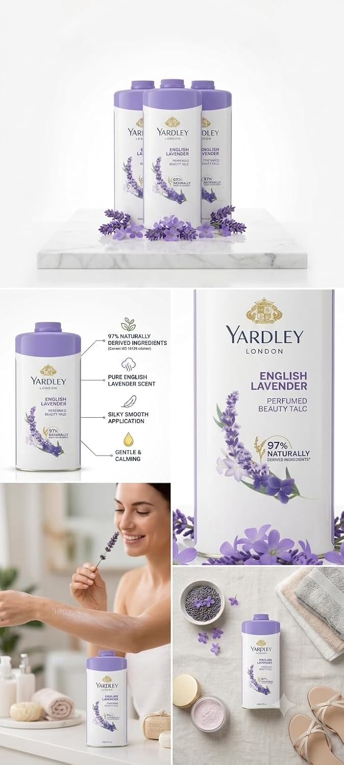 Yardley London English Lavender Perfumed Beauty Talc 400g | Long Lasting Floral Fragrance | Smooth & Silky Talcum Powder | Keeps Skin Fresh, Dry & Comfortable | Daily Body Powder for Men & Women