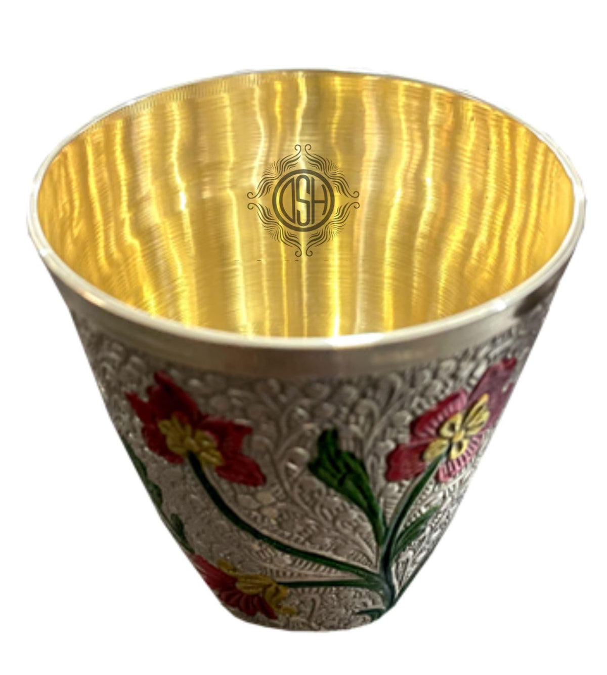 DSH Pure Brass Glass Tumbler for Serving Drinking Water Handmade Design Meena Colour (Set of-4) for Serveware & Drinkware Glass.