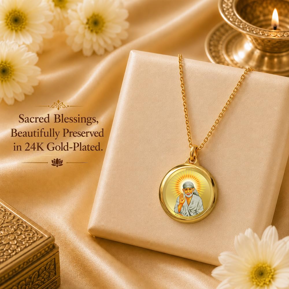 DIVINITI 24K Gold Plated Double-Sided Religious Pendant with Premium Gift Box, Spiritual Locket for Men & Women, Devotional Jewellery for Gifting & Everyday Wear | Sai Baba & Om