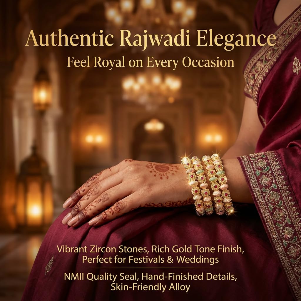 NMII Traditional Gold Plated Metal with Red Zircon GemStone Bangles Set For Girls & Women | Premium Rajwadi Kangan Set | Girl's Bangles Bracelet | Stylish Kada For Women