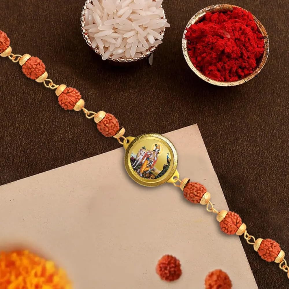 Diviniti krishna with Surbhi Cow Rudraksha Rakhi with 24K Gold Plated Foil Divine Raksha Bandhan Gift