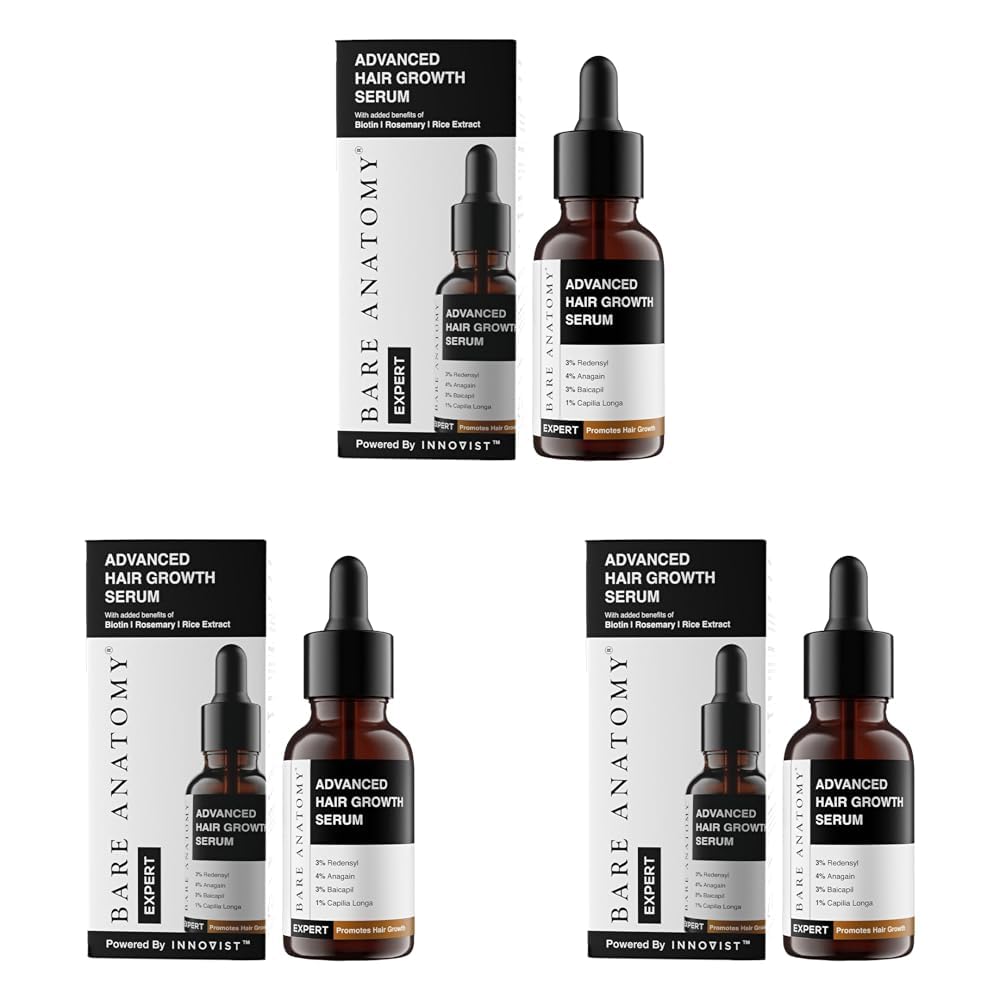 Bare Anatomy Advanced Hair Growth Serum | 3% Redensyl, 4% Anagain, 3% Baicapil, 1% Capilia Longa, Rosemary, Biotin & Rice Extract | Hairfall control & Hair Density | Women & Men | (30ml-Pack of 3)