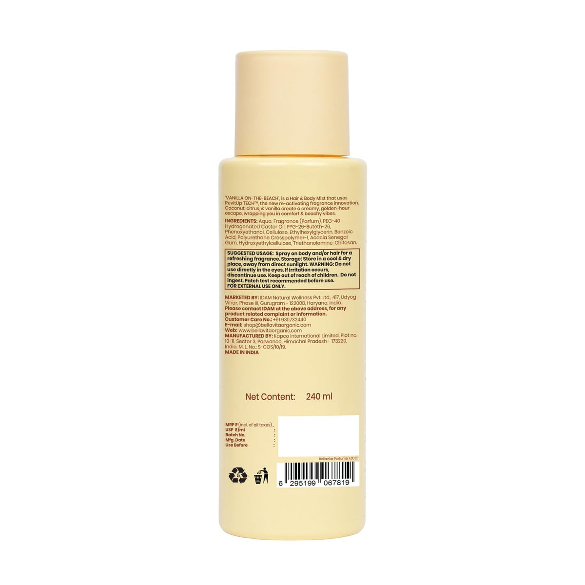 Bellavita Vanilla On-the-Beach | 2 in 1 Hair and Body Mist | 240ml | Long Lasting Premium Body Mist for Woman, Girl | Water based formulation
