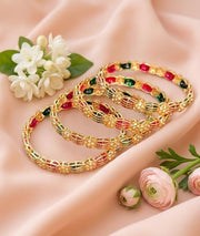 NMII Gold Plated Red Green Stone Kada With Floral Pattern For Women & Girls | Designer Kangan | Traditional Metal Bangle | Wedding Festive & Occasion Bangles - Set Of 4