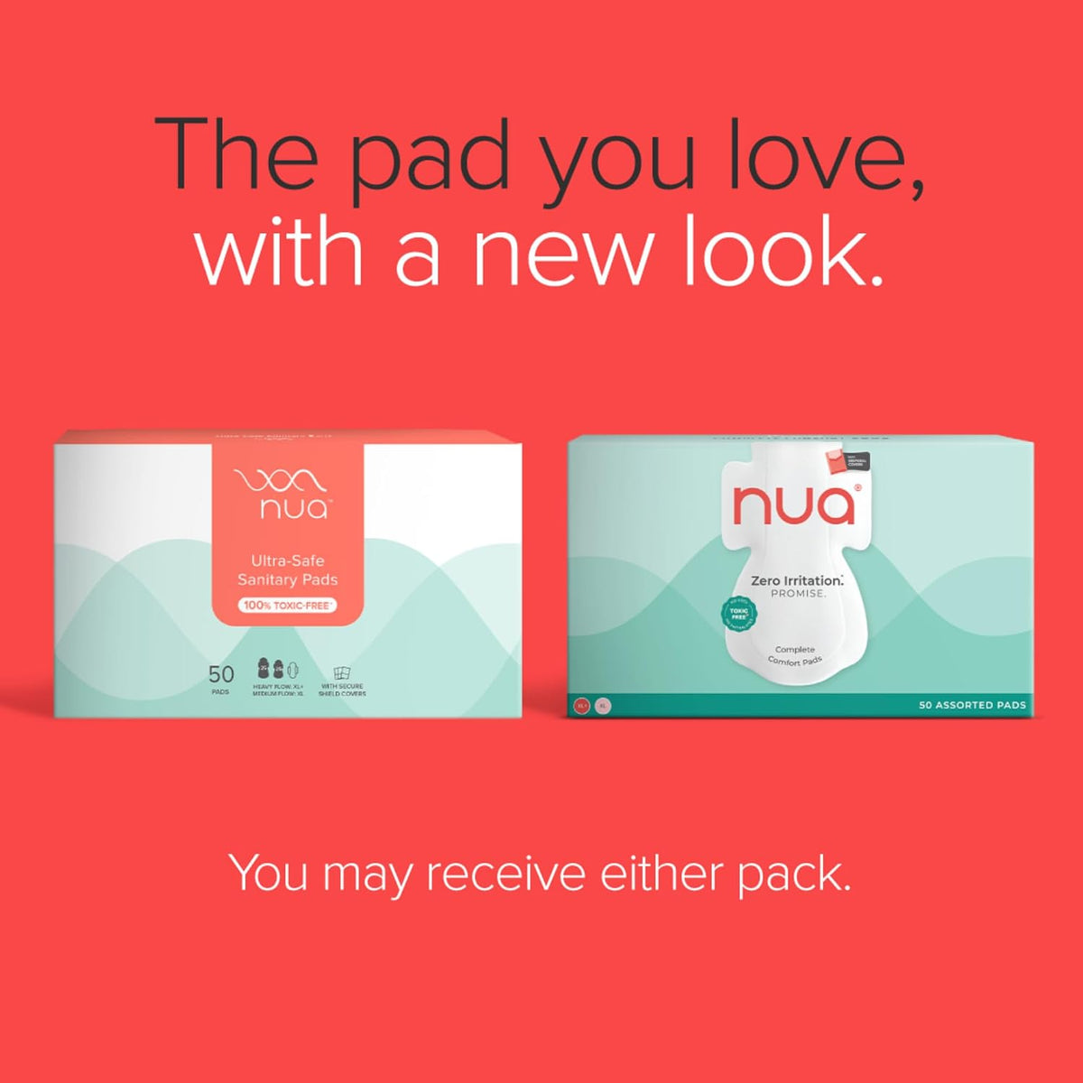 Nua Complete Comfort Sanitary Pads for Sensitive Skin | Pack of 50 Pads (25 Heavy Flow, 25 Medium Flow) with Disposal covers | Zero Irritation | Comfortable All-Day Protection | Ultra-Thin | Super Absorbent | No rashes | 50% Wider Back | 100% Toxic-Free, Dermatologically Tested