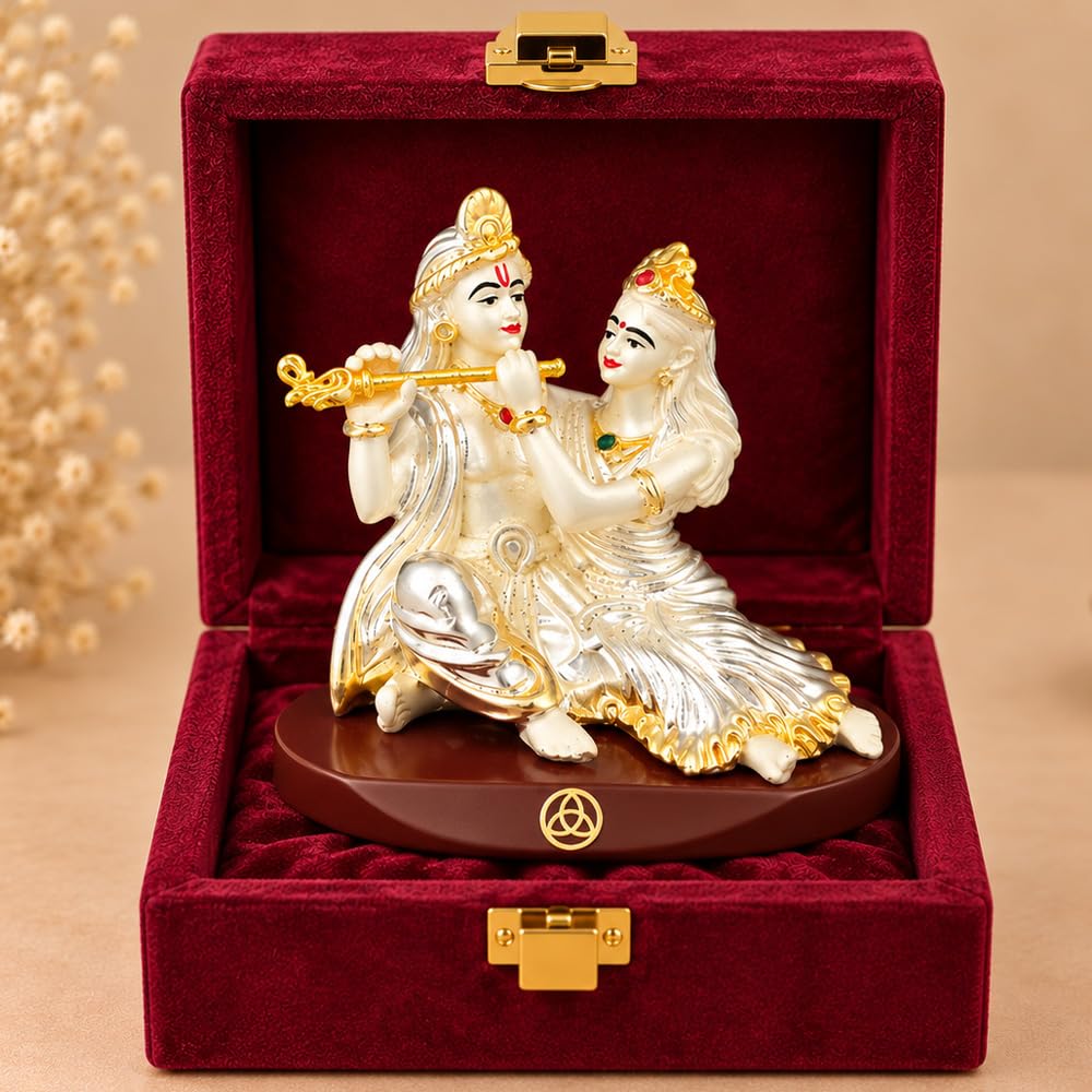 DIVINITI Premium Radha Krishna Idol with Silver-Tone Finish & Gold Accents | Decorative Radha Krishna Showpiece with Base & Premium Gift Box | Home, Office, Mandir & Gifting | 6 x 9 cm