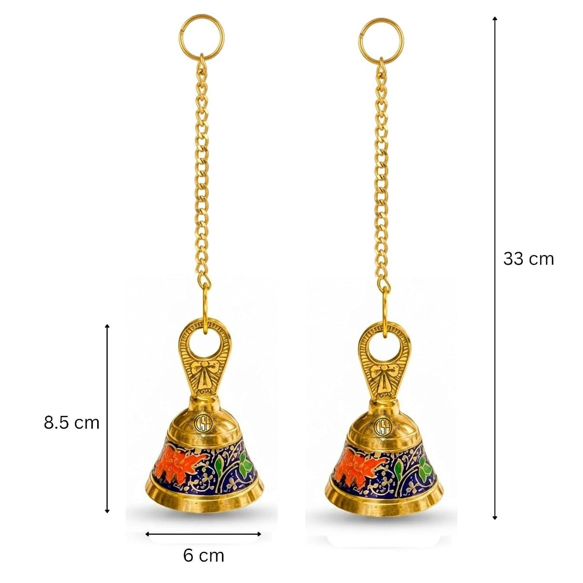 DSH Pure Brass Hanging Bell with Chain for Temple Mandir Door Home Decorative Ringing Bell (Blue, 2)