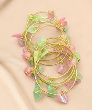 NMII Gold Plated Multicolor Leaf Ghunghroo Bangles Set | Pink & Green Leaf Design Kangan | Designer Gold Finish Metal Chudi | Stylish Floral Chudiya For Wedding Festive - Set Of 8