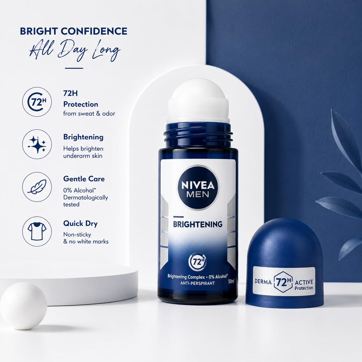 Nivea Men Brightening Complex Anti-Perspirant Roll On 50ml | 0% Alcohol Formula with 72H Sweat & Odor Protection | Brightening Underarm Care Deodorant for Men