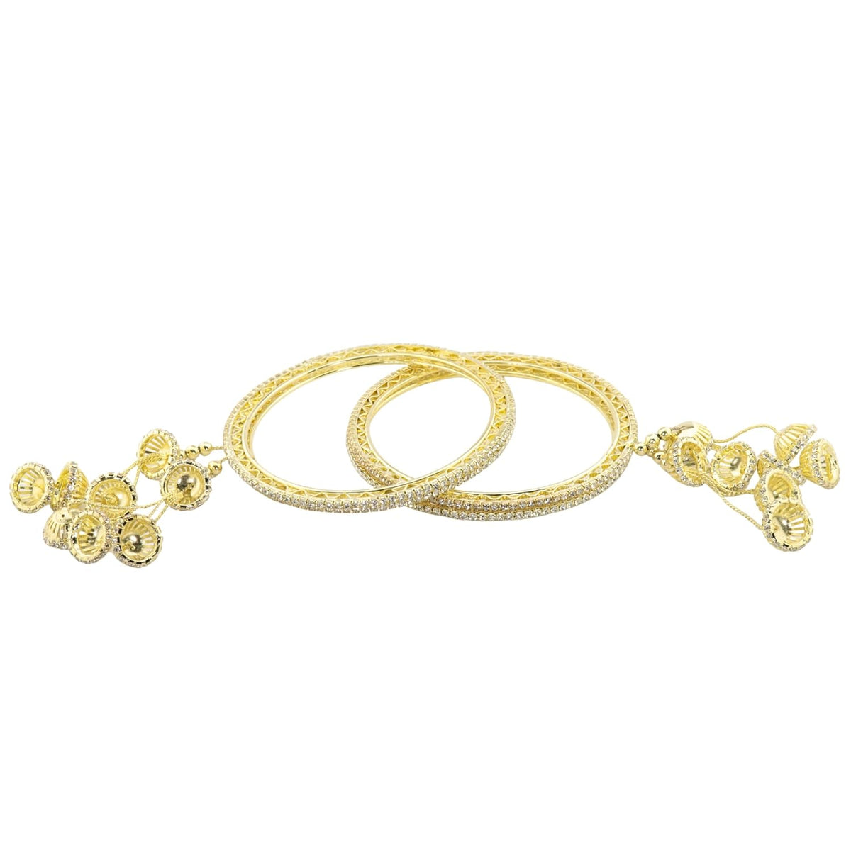 NMII Premium Alloy Metal Kada Set With Zircon Gemstone & Linked With Bell Latkan For Women & Girls | Traditional Jhumka Kalira Kada with Hangings | Wedding, Party, Festive Kaleera Bangles - Set of 4