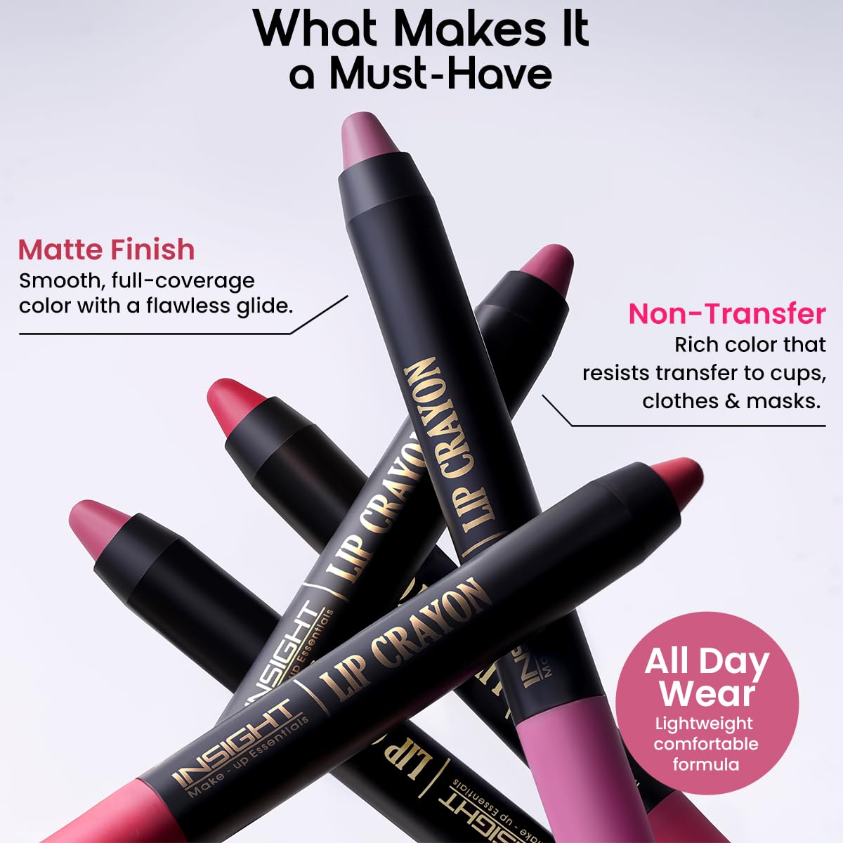 INSIGHT Long Lasting Lip Crayon – All-Day Comfort | Matte Finish | Waterproof | Non-Transfer | Non-Sticky | Enriched with Vitamin E & Kojic Acid | Sharpenable Tip | Full Coverage | Lightweight Lipstick (Smokey Rose) – 7g