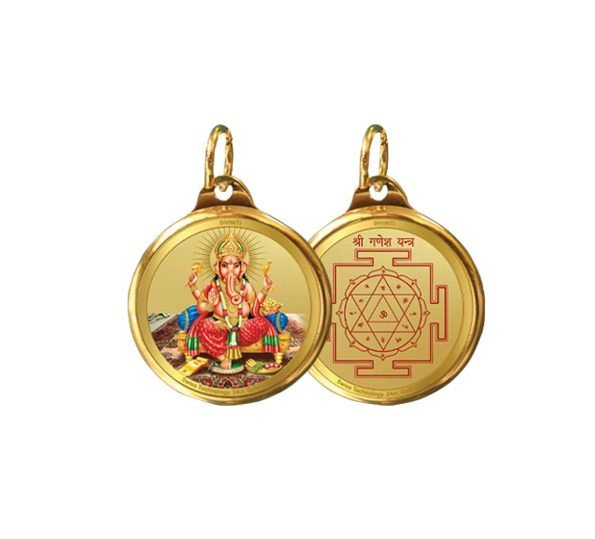 DIVINITI 24K Gold Plated Lord Ganesha & Yantra Double-Sided Pendant with Premium Gift Box, 28 mm Hindu Religious Locket, Luxury Spiritual Jewellery Gift for Men & Women