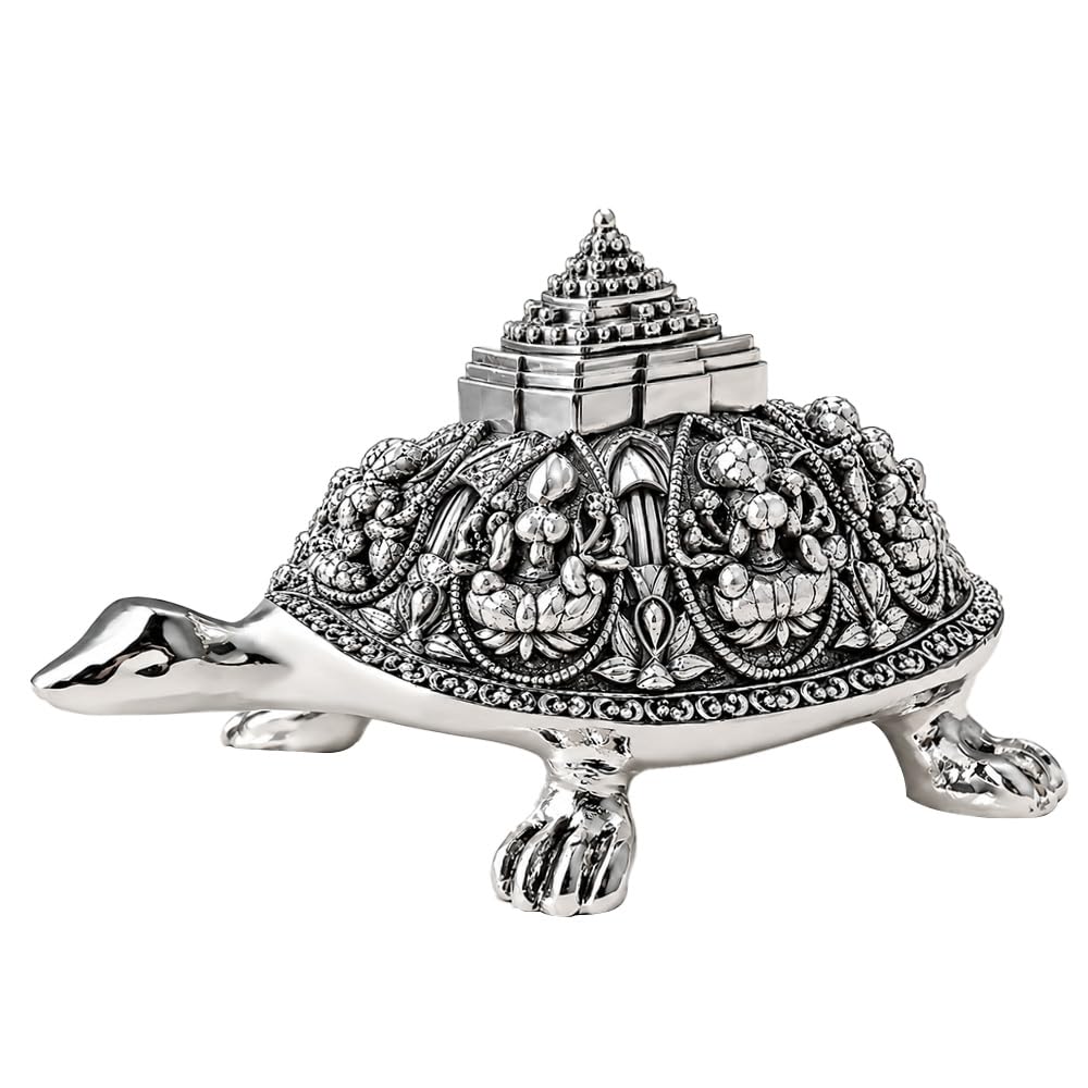 DIVINITI 999 Silver Plated Ashta Lakshmi Tortoise (Kachua) Idol with Sri Yantra Pyramid|Gift Box Included|Vastu & Feng Shui Showpiece for Wealth, Prosperity|Home, Office & Pooja Décor|7.5 x 4 cm