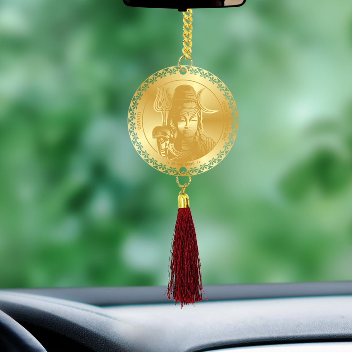 Diviniti 24K Gold Plated Double Sided Lord Shiva and Yantra Car Hanging Dangler|Mahadev Hanging New Car and New House Interior Decor Divine Car Accessories for Positive Energy Protection Safety