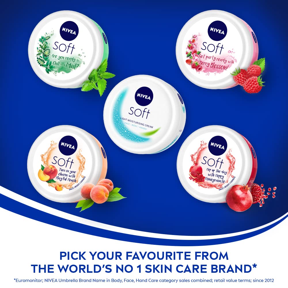 NIVEA Soft Light Moisturizer 200ml | Peppy Pomegranate | For Face, Hand & Body, Instant Hydration | Non-Greasy Cream | With Vitamin E & Jojoba Oil | All Skin Types