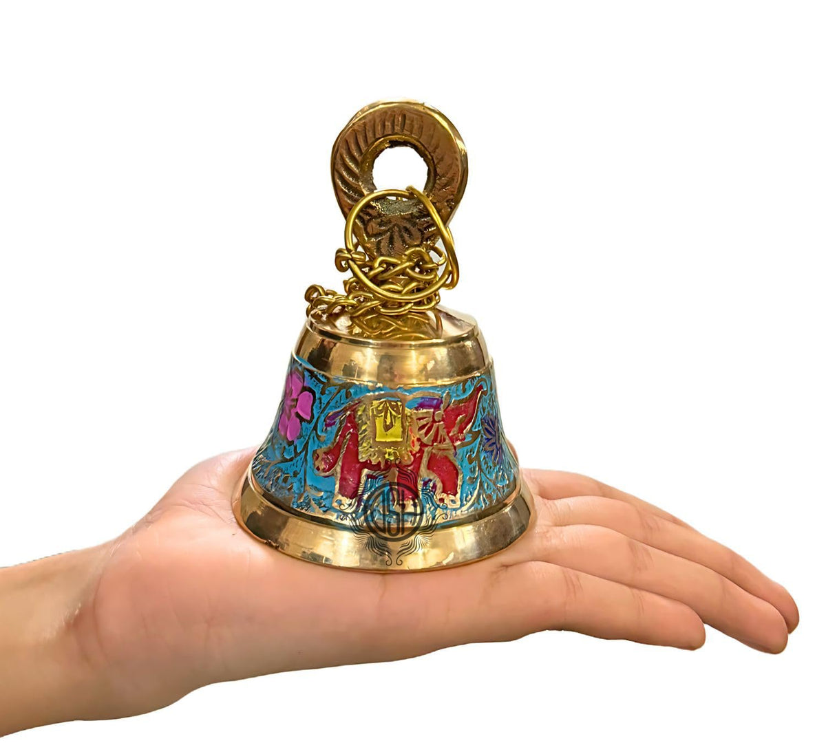 DSH Handcrafted Brass Temple Hanging Bell with Chain Home Mandir Decoration Ghanti for Pooja with Deep Sound (Blue, H-4 Inch)