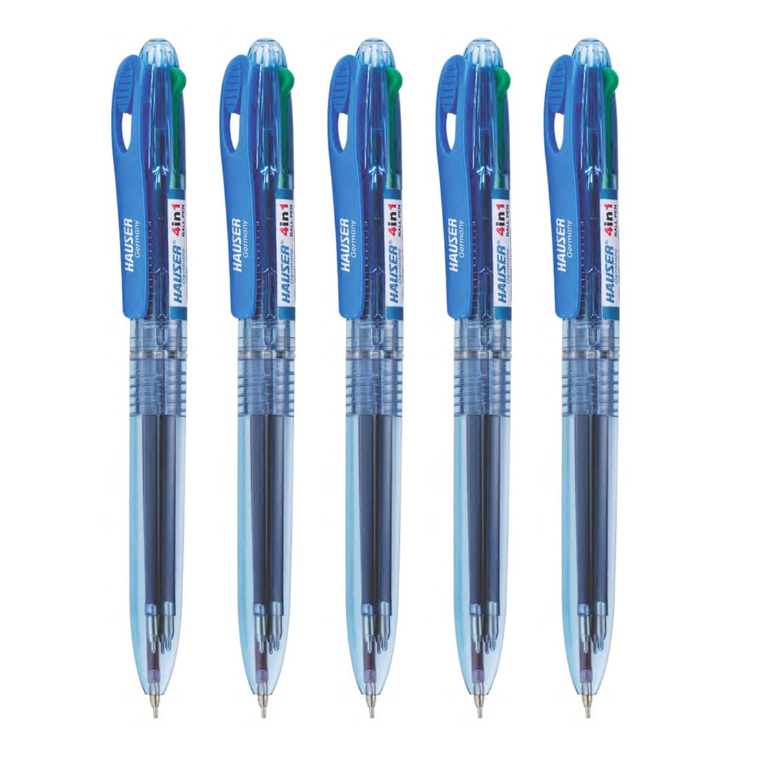 Hauser Germany 4 In 1 Retractable Ball Pen Box | Durable Transparent Body | 4 Ink Colors In One Pen | Low Viscosity Ink System | Acu Flow Writing System | Blue, Black, Red & Green Ink, Of 5 Pens